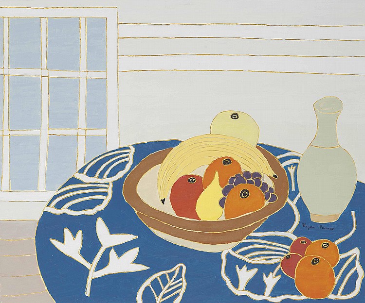Bowl of Fruit on Blue Cloth