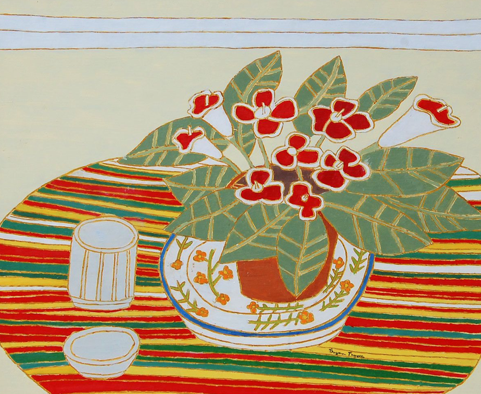 Red and White Gloxinia on a Striped Cloth